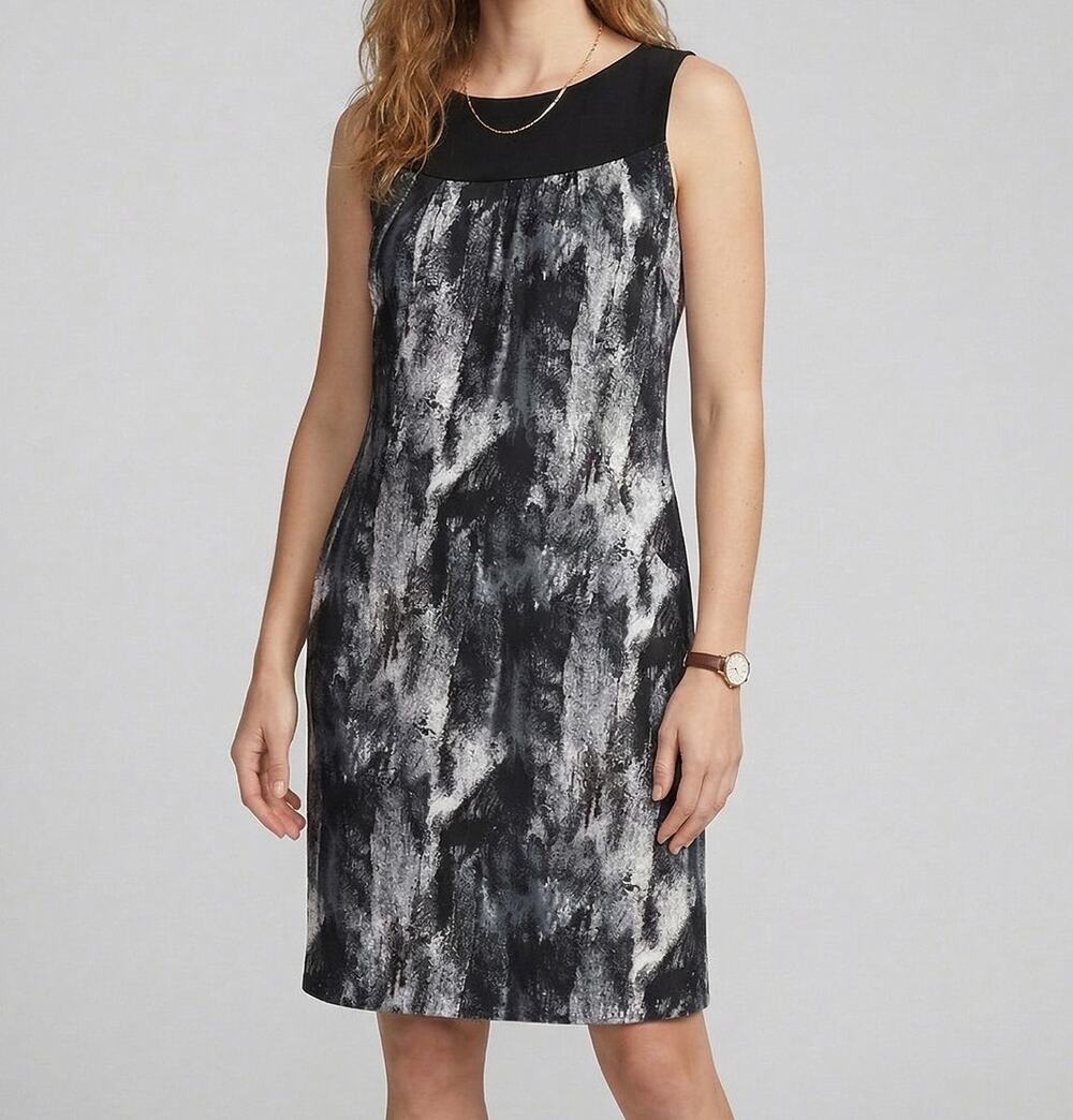 AB Studio Womens Size 10 Sheath Dress Sleeveless Black Gray Print Poly Spandex